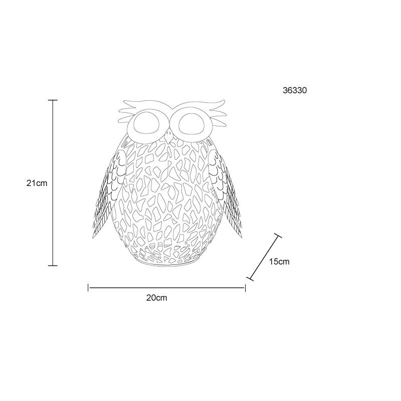 Schematyczny rysunek lampy solarnej w kształcie sowy z wymiarami: wysokość 21 cm, szerokość 20 cm, głębokość 15 cm. Obok znajduje się numer 36330.
