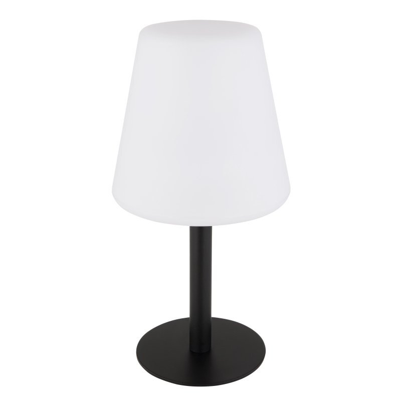 Lampa stołowa z białym kloszem w kształcie stożka, osadzona na czarnym, prostym trzonku i okrągłej podstawie.
