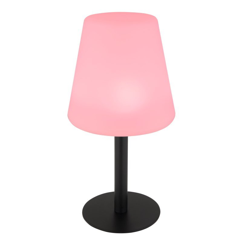 Lampa stołowa LED z różowym kloszem i czarną podstawą. Przeznaczona do użytku w ogrodzie i na tarasie.