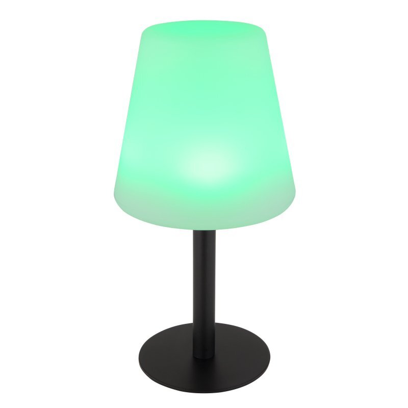 Lampa stołowa LED z zielonym kloszem i czarną podstawą. Przeznaczona do użytku w ogrodzie i na tarasie.