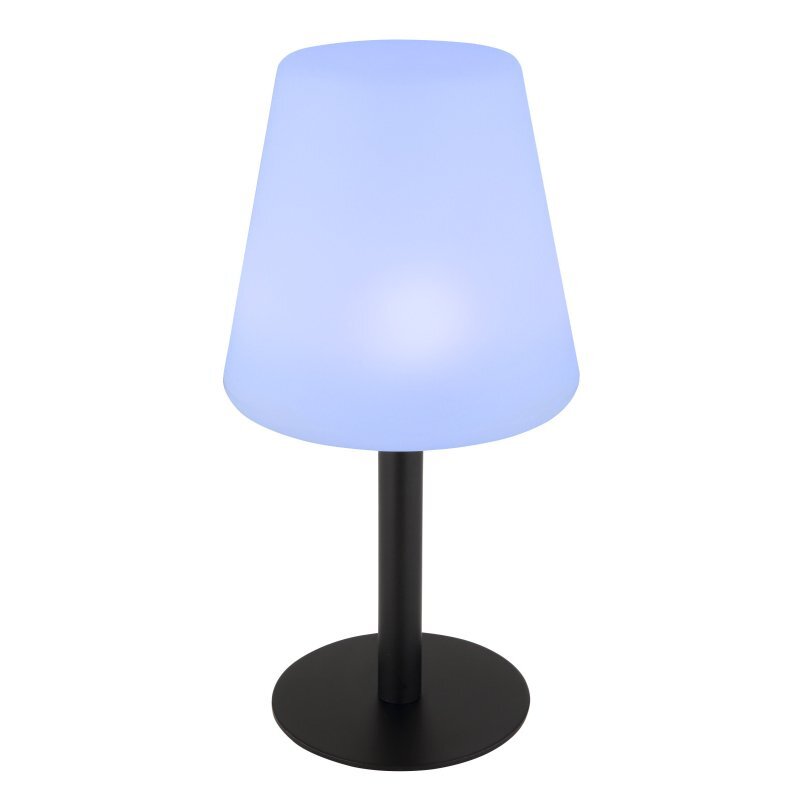 Lampa stołowa LED z niebieskim kloszem i czarną podstawą, przeznaczona do użytku zewnętrznego.