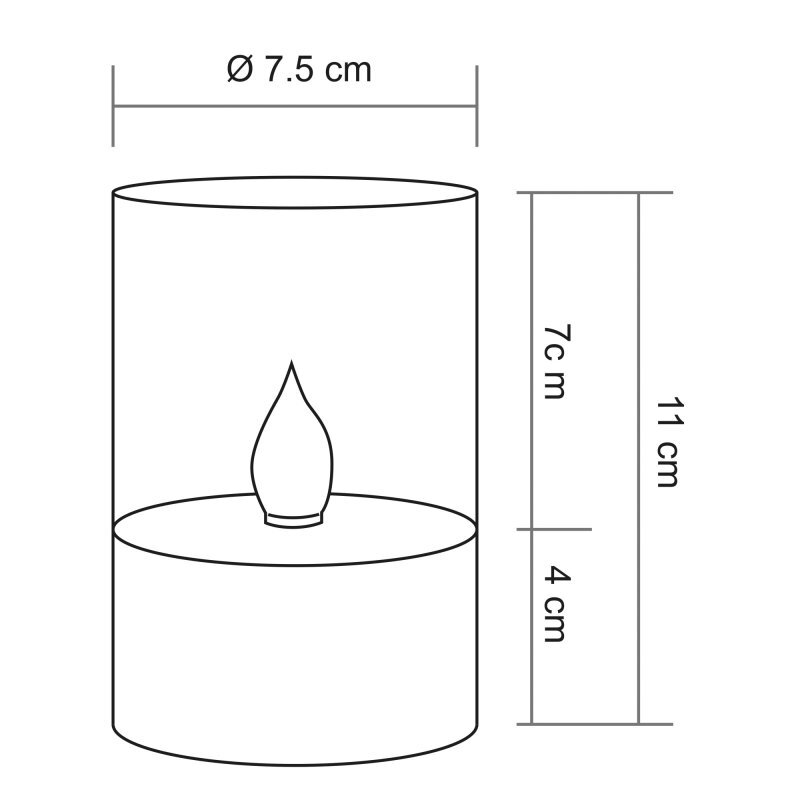 Schematyczny rysunek lampy solarnej z wymiarami: średnica 7,5 cm, wysokość całkowita 11 cm, z czego 7 cm to wysokość klosza, a 4 cm to podstawa. Wewnątrz klosza znajduje się symbol płomienia.