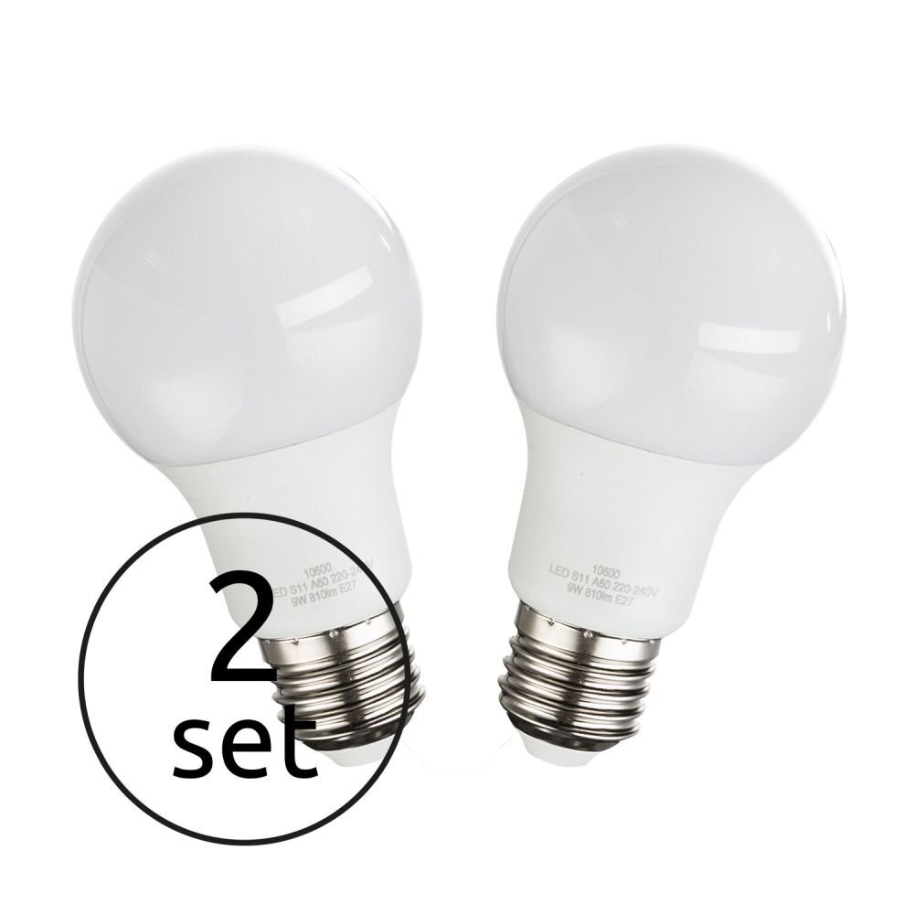 Dwie żarówki LED z białymi opalizującymi kloszami i metalowymi gwintami, obok napis \'2 set\' w czarnym okręgu.