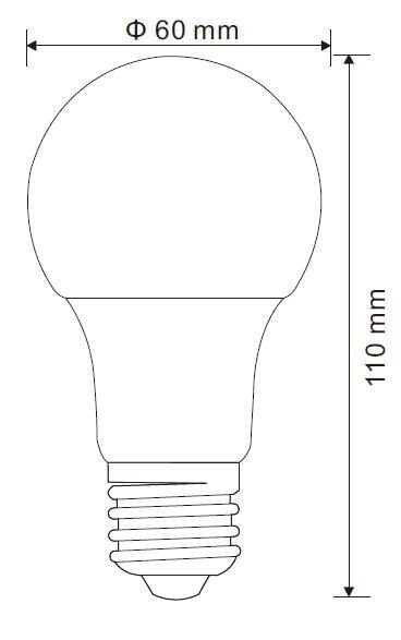 Schematyczny rysunek żarówki z oznaczeniem wymiarów: średnica 60 mm i wysokość 110 mm.