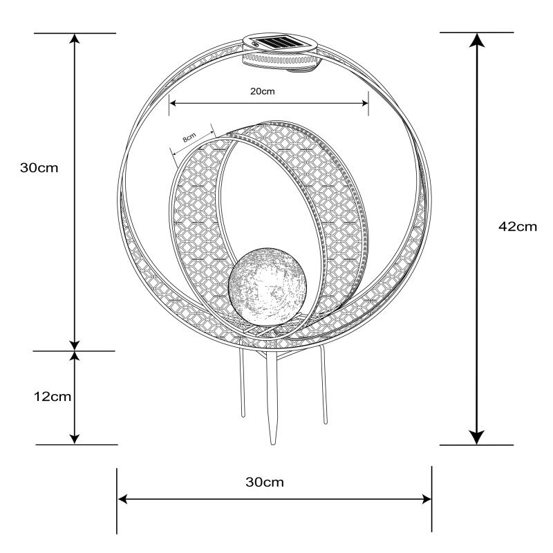 Schemat lampy solarnej z wymiarami: wysokość 42 cm, szerokość 30 cm, średnica wewnętrznego okręgu 20 cm, a mniejszego 8 cm. Lampa posiada panel solarny na górze i kulę w środku.