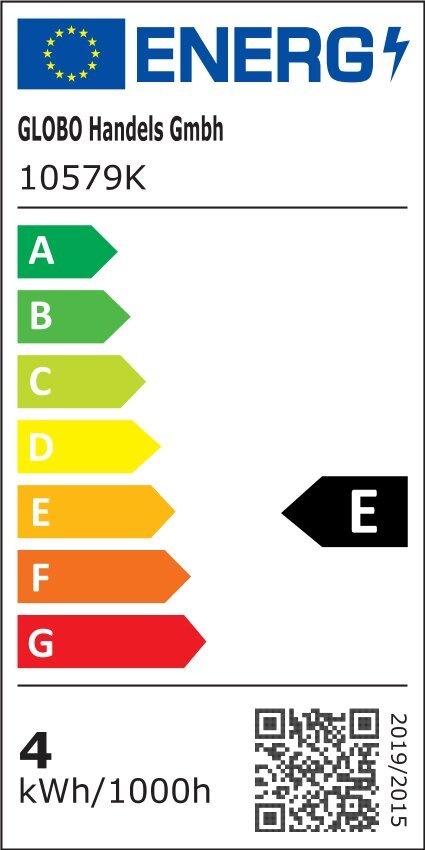 Etykieta energetyczna z logo UE i napisem \'ENERG\'. Produkt: GLOBO Handels Gmbh 10579K, klasa energetyczna E, zużycie 4 kWh/1000h.