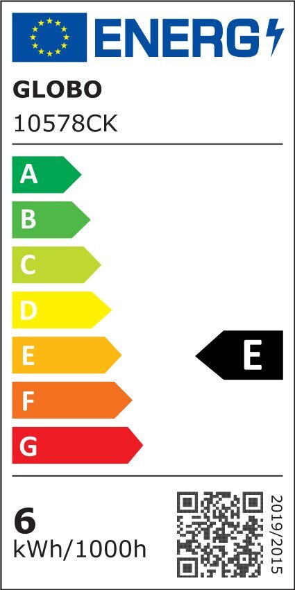 Etykieta energetyczna z logo UE i napisem \'ENERGY\'. Produkt: GLOBO 10578CK, klasa energetyczna E, zużycie 6 kWh/1000h.