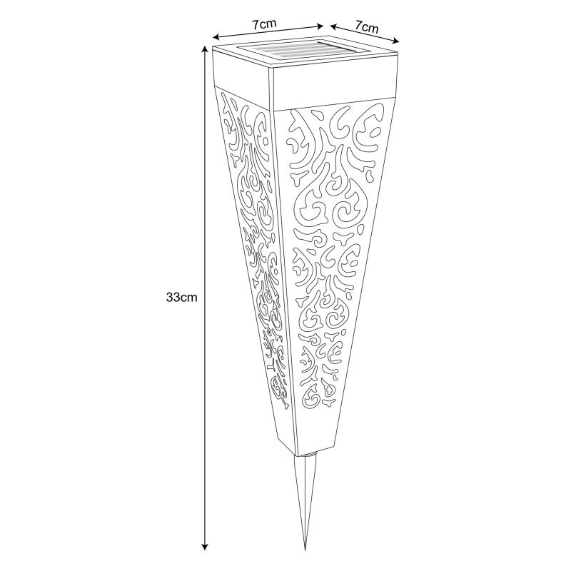 Schemat lampy solarnej LED o wysokości 33 cm i szerokości 7 cm, z dekoracyjnymi wzorami na bokach. Lampa ma kształt stożka z płaskim wierzchołkiem i szpiczastą podstawą.