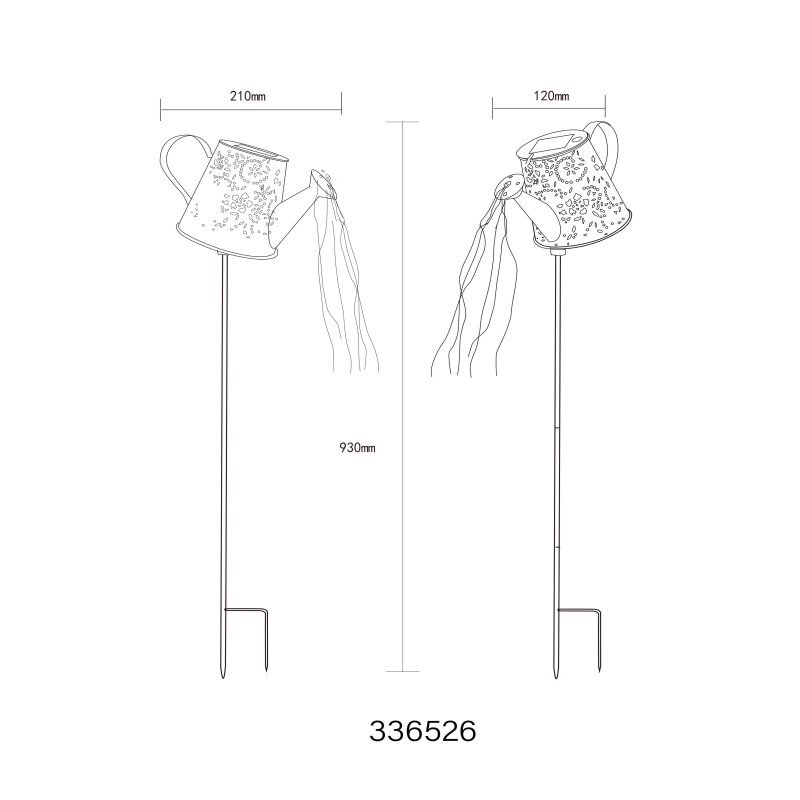 Schemat lampy solarnej w kształcie konewki z wymiarami: wysokość 930 mm, szerokość 210 mm i głębokość 120 mm. Na dole widoczny jest numer 336526.