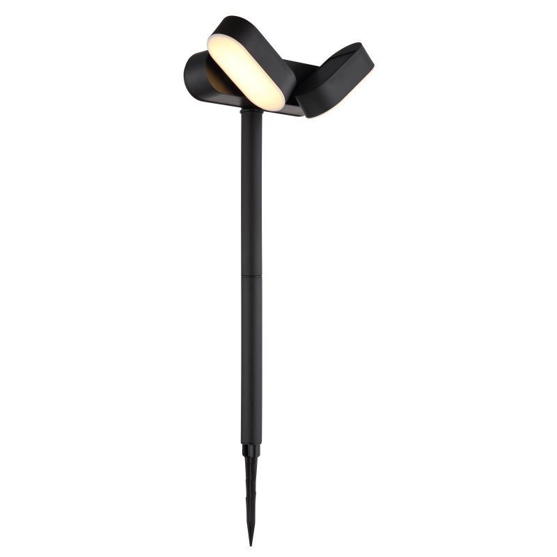 Czarna lampa solarna LED z dwoma źródłami światła na długim, smukłym trzonku zakończonym szpikulcem do wbicia w ziemię.