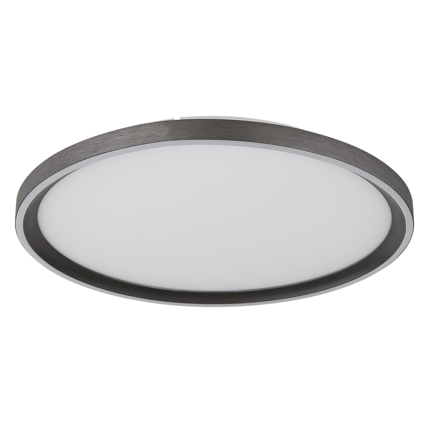 Okrągły plafon LED z białym kloszem i ciemną obwódką, nowoczesny design.