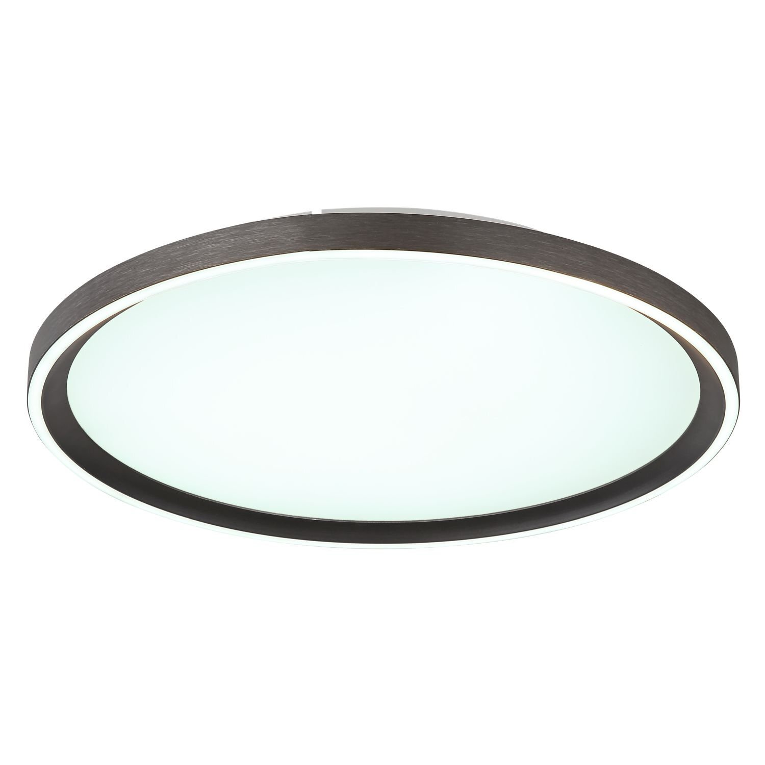 Okrągły plafon LED z białym kloszem i ciemną obwódką, nowoczesny design.