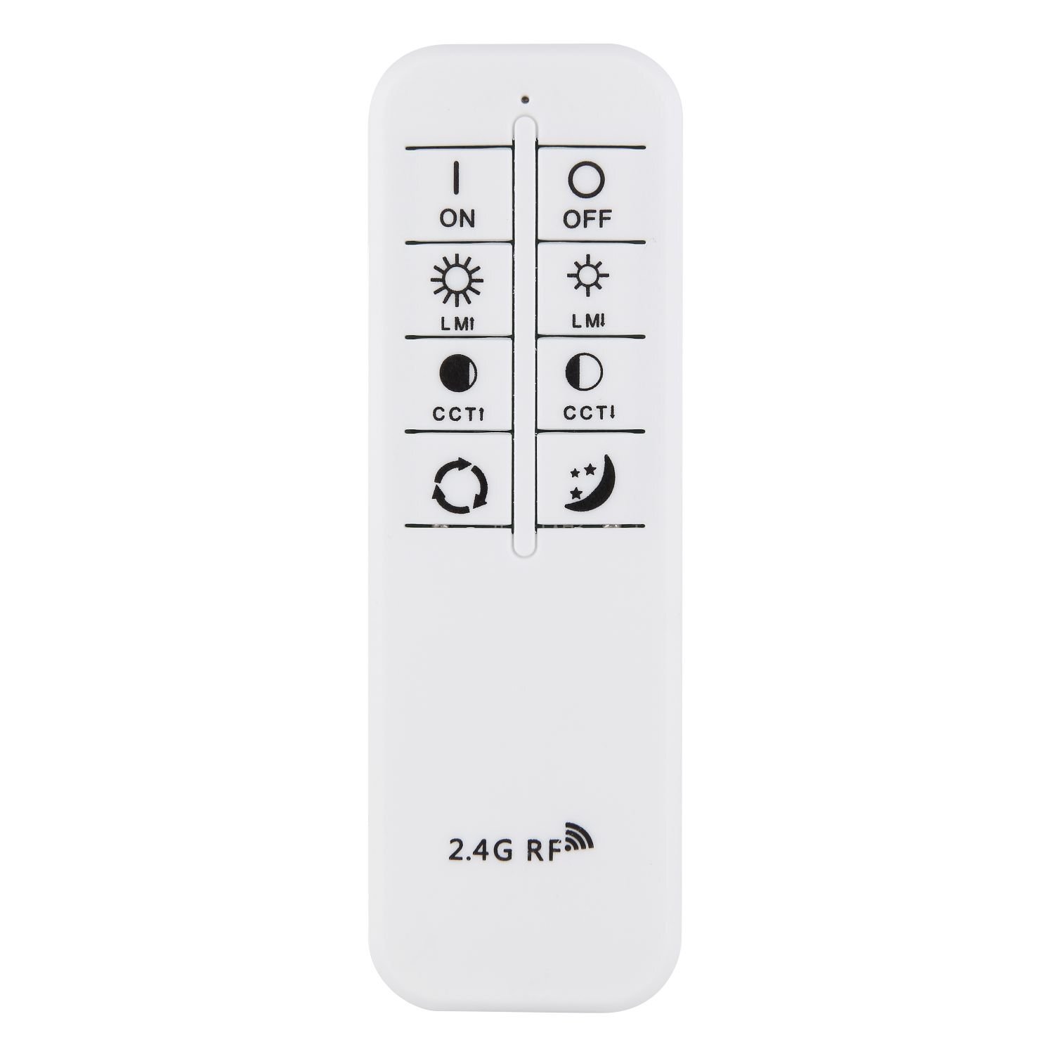 Biały pilot z przyciskami oznaczonymi symbolami: ON, OFF, LMI, CCT, oraz ikonami słońca, księżyca i strzałki. Na dole widnieje napis \'2.4G RF\'.