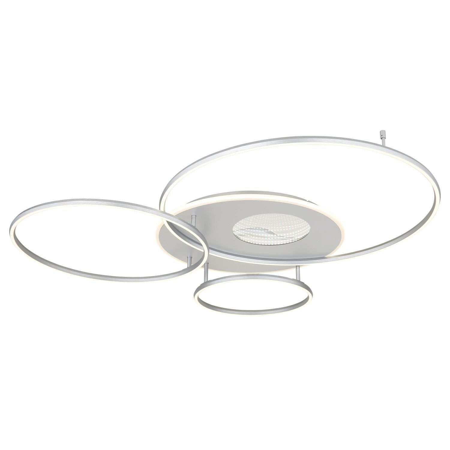 Nowoczesna lampa sufitowa LED z trzema okrągłymi elementami o różnej wielkości, wykonana z metalu w kolorze srebrnym. Centralny element posiada wbudowane źródło światła.