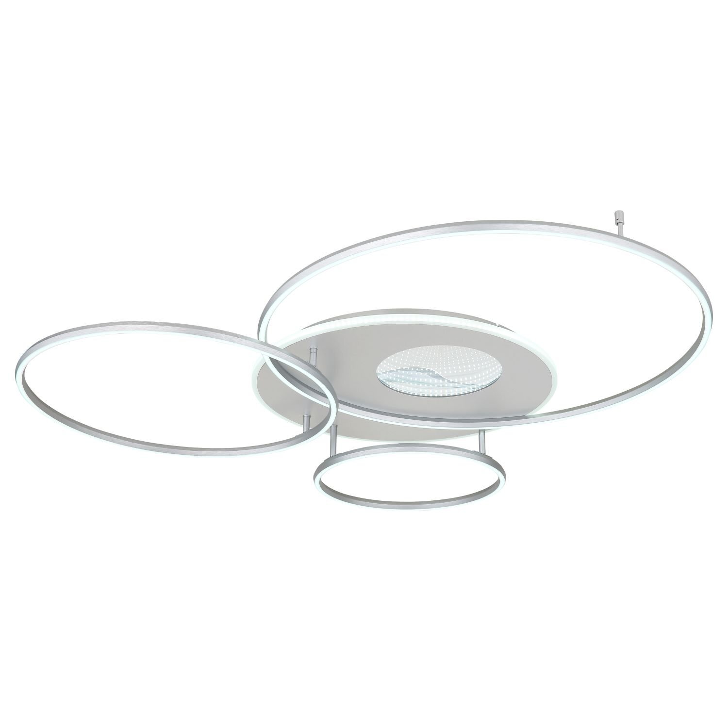 Nowoczesna lampa sufitowa LED z trzema okrągłymi elementami świetlnymi o różnej wielkości. Centralny element ma dodatkowy wzór w środku.