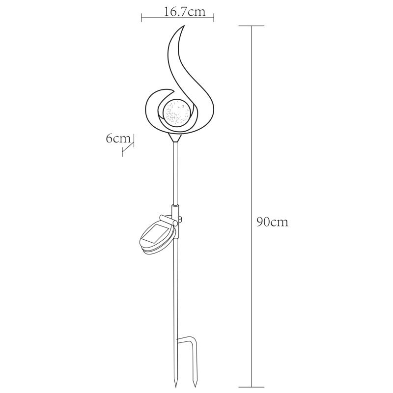 Schemat lampy solarnej dogruntowej LED z wymiarami: wysokość 90 cm, szerokość 16,7 cm, głębokość 6 cm. Lampa ma dekoracyjny kształt z panelem solarnym i szpikulcem do wbicia w ziemię.