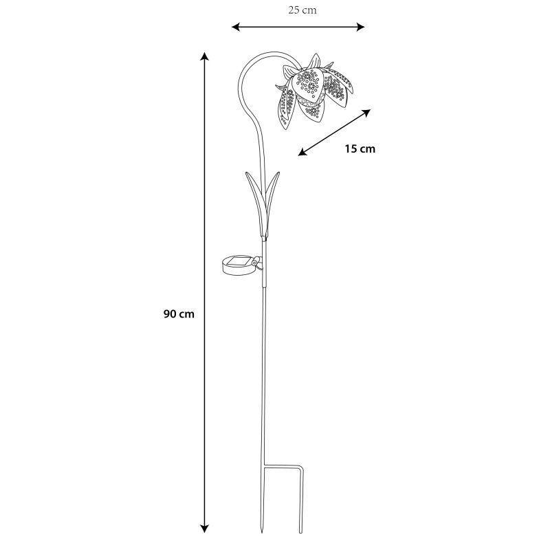 Schemat lampy solarnej w kształcie kwiatu z wymiarami: wysokość 90 cm, szerokość 25 cm, średnica kwiatu 15 cm.