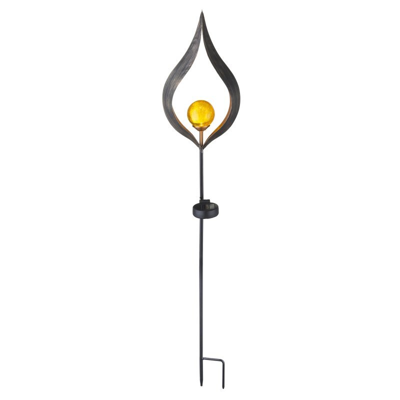 Lampa solarna z metalowym stelażem w kształcie płomienia, z żółtą kulą LED w środku. Posiada długi pręt do montażu w ziemi.