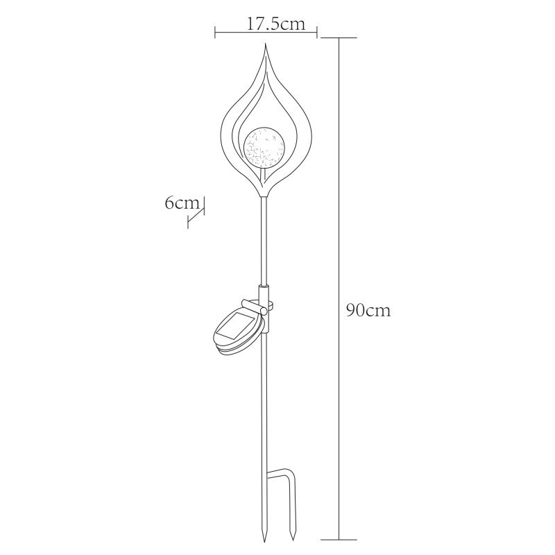 Schemat lampy solarnej dogruntowej LED o wysokości 90 cm, z dekoracyjnym elementem w kształcie płomienia o szerokości 17,5 cm. Widoczny jest również panel solarny i grot do wbicia w ziemię.