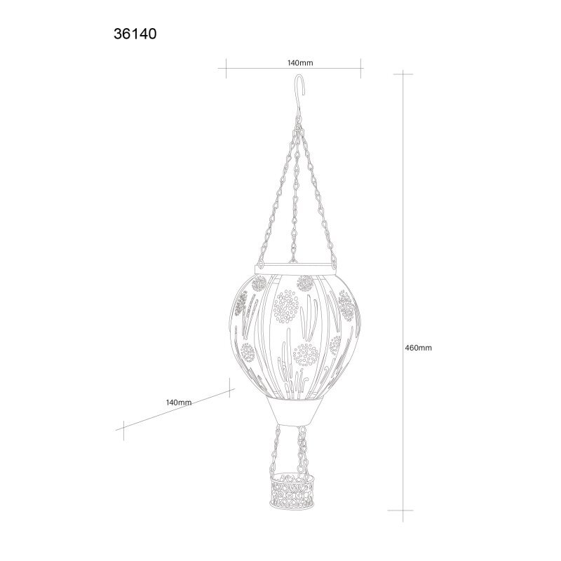 Schematyczny rysunek wiszącej lampy solarnej w kształcie balonu na ogrzane powietrze z dekoracyjnymi wzorami. Wymiary lampy to 140mm szerokości i 460mm wysokości, oznaczone na rysunku.
