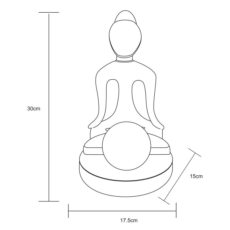Schematyczny rysunek przedstawia figurę siedzącej postaci z kulą na kolanach. Wymiary to 30 cm wysokości, 17,5 cm szerokości i 15 cm głębokości.