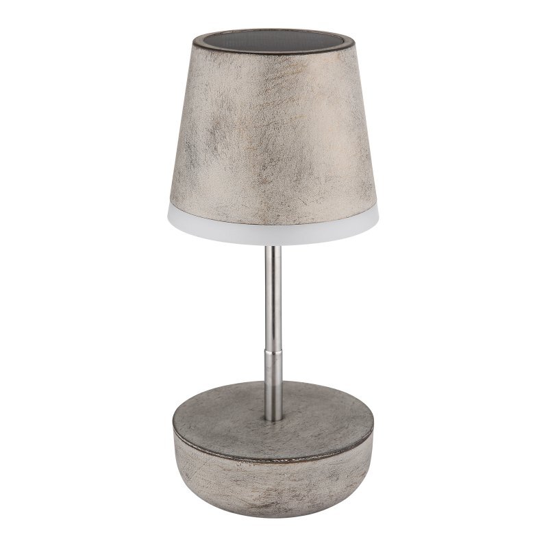 Lampa stołowa z metalicznym, szarym kloszem i podstawą, osadzona na smukłym, srebrnym trzonku. Klosz ma lekko stożkowy kształt, a podstawa jest okrągła.