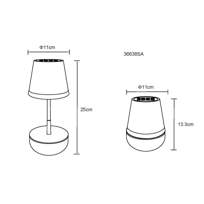 Schemat przedstawia wymiary lampy solarnej stołowej LED z oznaczeniem 36638S. Lampa ma średnicę 11 cm i wysokość 25 cm, a jej dolna część ma wysokość 13,3 cm.