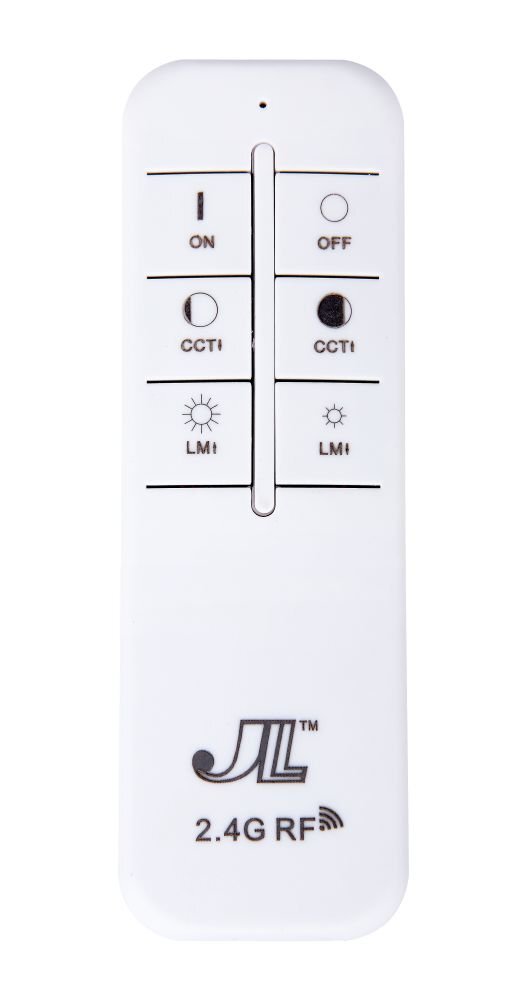 Biały pilot z sześcioma przyciskami oznaczonymi: ON, OFF, CCT↓, CCT↑, LM↓, LM↑ oraz logo \'JL™ 2.4G RF\' na dole.