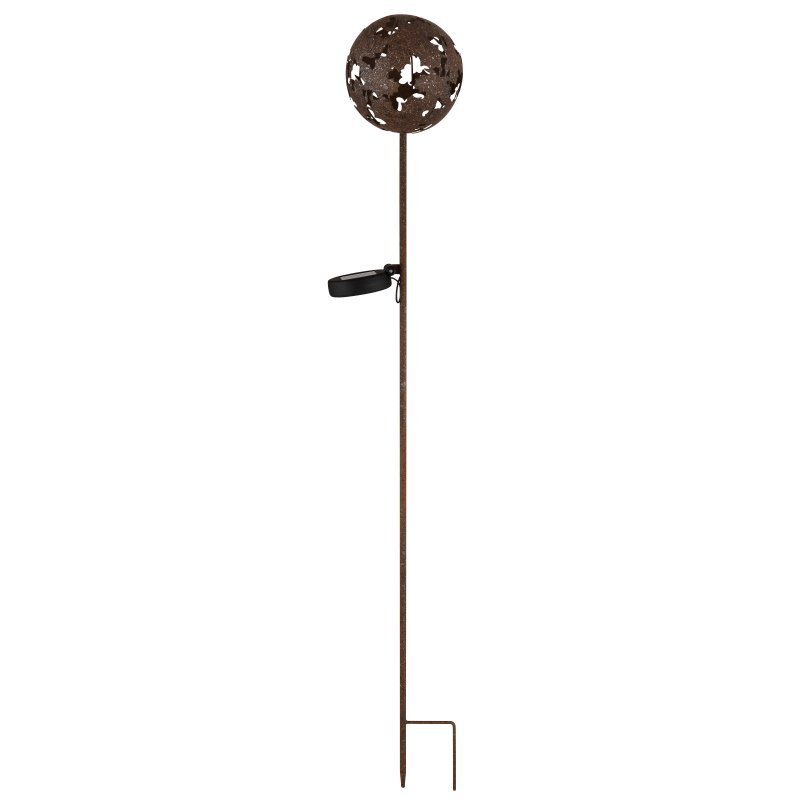 Lampa solarna z metalowym prętem i ozdobnym kloszem w kształcie kuli z wycięciami. Posiada panel solarny zamontowany na pręcie.