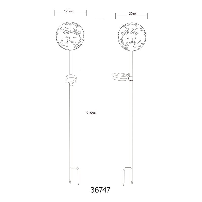 Schemat lampy solarnej dogruntowej LED z kulistym kloszem o średnicy 120 mm i całkowitej wysokości 915 mm. Widoczne są dwa warianty montażu z numerem modelu 36747.