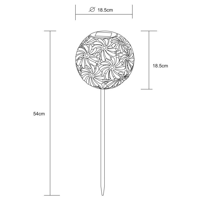 Schemat lampy solarnej dogruntowej LED z dekoracyjnym wzorem kwiatowym na kuli o średnicy 18,5 cm i wysokości całkowitej 54 cm. Wymiary kuli to 18,5 cm na 18,5 cm.