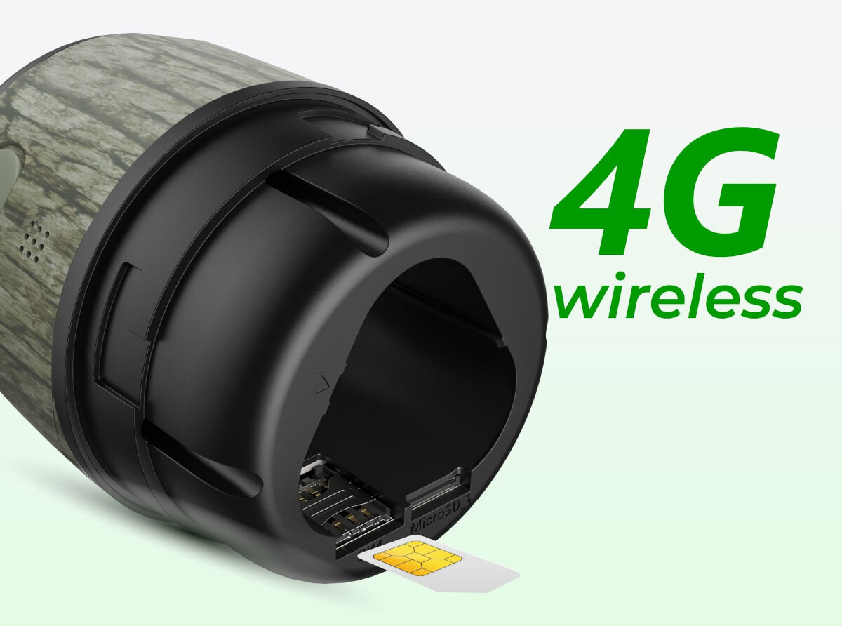 Obraz przedstawia kamerę zewnętrzną w kamuflażu z widocznym miejscem na kartę SIM i microSD. Obok kamery znajduje się napis \'4G wireless\'.