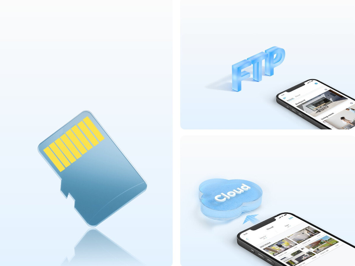 Obraz przedstawia kartę pamięci z żółtymi stykami oraz dwa smartfony z aplikacjami. Obok smartfonów znajdują się napisy \'FTP\' i \'Cloud\'.