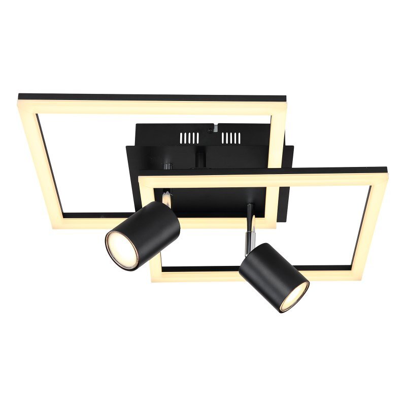 Lampa sufitowa LED w kolorze czarnym matowym z dwoma prostokątnymi ramami świetlnymi i dwoma reflektorami GU10. Konstrukcja jest nowoczesna i minimalistyczna.