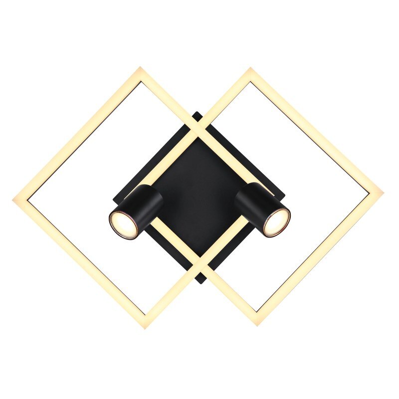 Lampa sufitowa LED o nowoczesnym designie, składająca się z dwóch przecinających się kwadratowych ram z czarnego matowego metalu i dwóch reflektorów GU10. Ramy emitują ciepłe światło, tworząc efektowne oświetlenie.