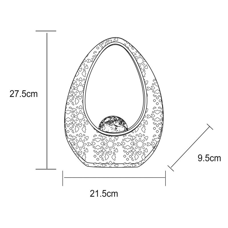 Schemat lampy solarnej LED o wysokości 27,5 cm, szerokości 21,5 cm i głębokości 9,5 cm, z dekoracyjnym wzorem na powierzchni.