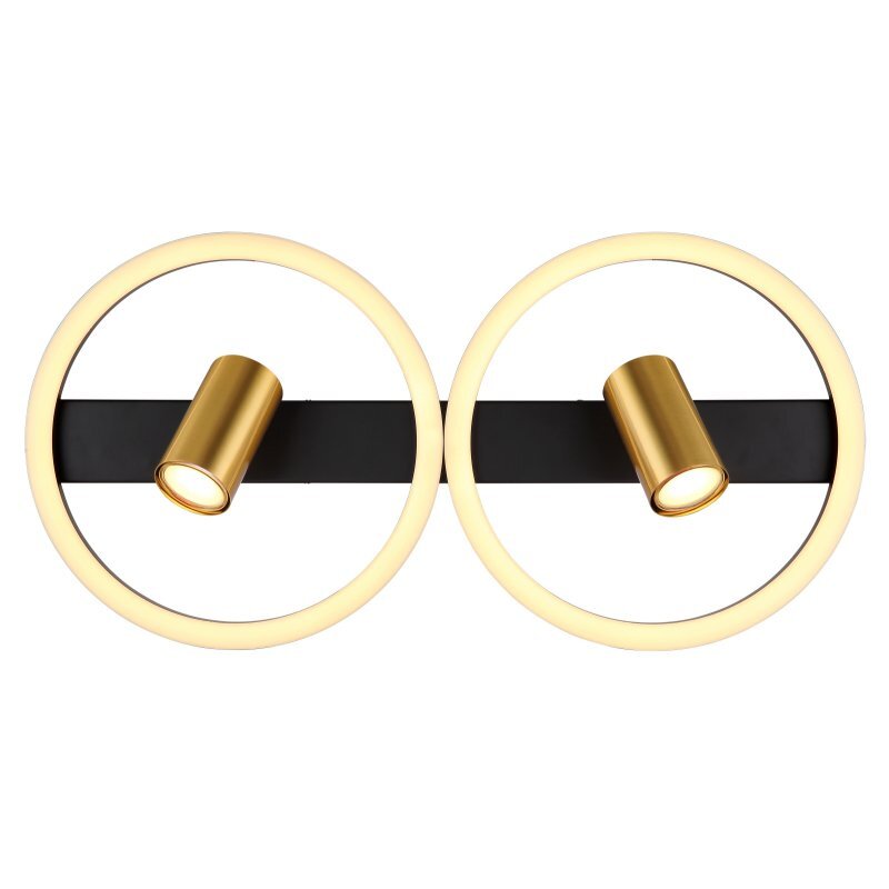 Lampa sufitowa LED z dwoma okrągłymi, świecącymi pierścieniami w kolorze czarno-złotym, z centralnie umieszczonymi reflektorami. Reflektory mają cylindryczny kształt i złoty kolor.