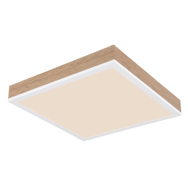 Kwadratowy plafon LED z białym matowym wykończeniem i ciemnym MDF na krawędziach. Ma wymiary 30x30 cm.