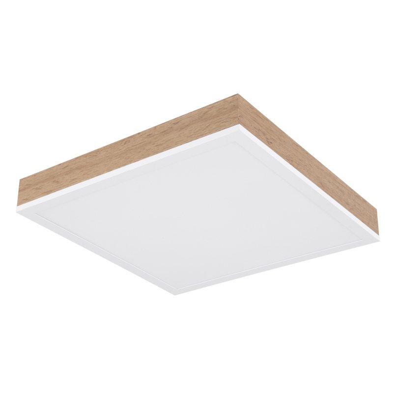 Kwadratowy plafon LED z białym matowym środkiem i ciemnym drewnianym obramowaniem. Produkt ma prosty, nowoczesny design.
