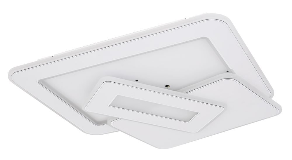 Na obrazie widoczny jest biały, nowoczesny plafon LED o geometrycznym kształcie z dwoma prostokątnymi elementami. Plafon ma gładką powierzchnię i minimalistyczny design.