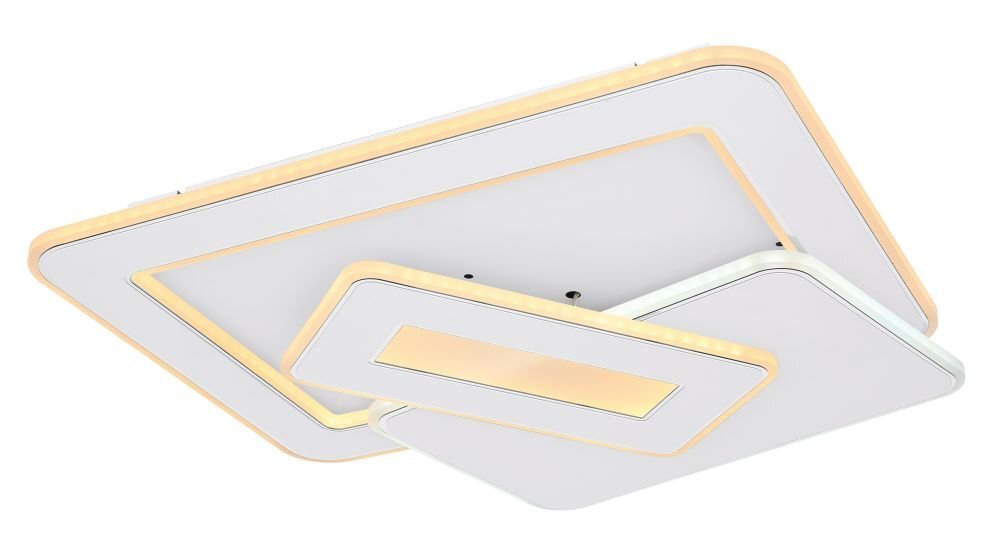 Na obrazie widoczny jest biały plafon LED o nowoczesnym, geometrycznym kształcie z dwoma prostokątnymi panelami. Panele mają podświetlenie w ciepłym odcieniu, a całość jest utrzymana w minimalistycznym stylu.
