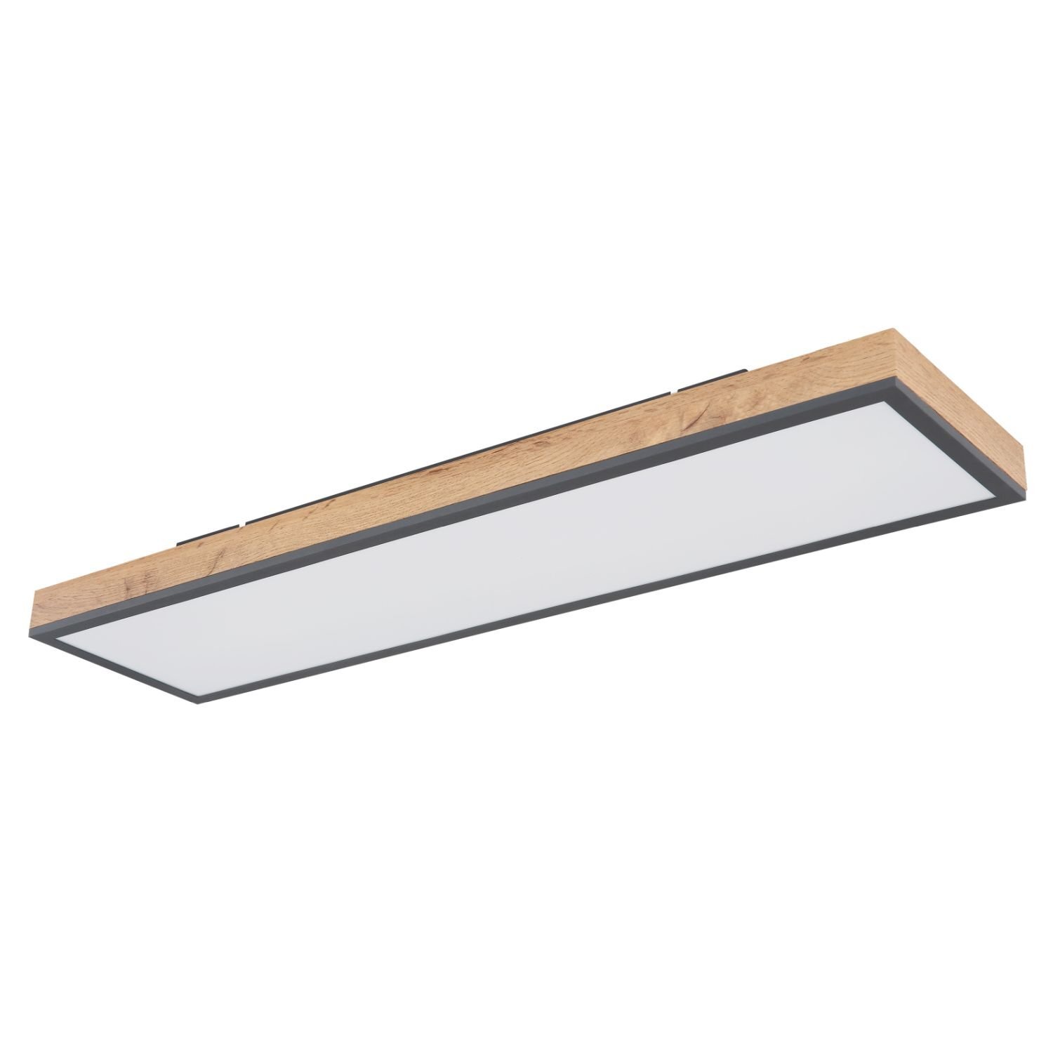 Prostokątna lampa sufitowa LED z drewnianą ramą i białym panelem świetlnym.