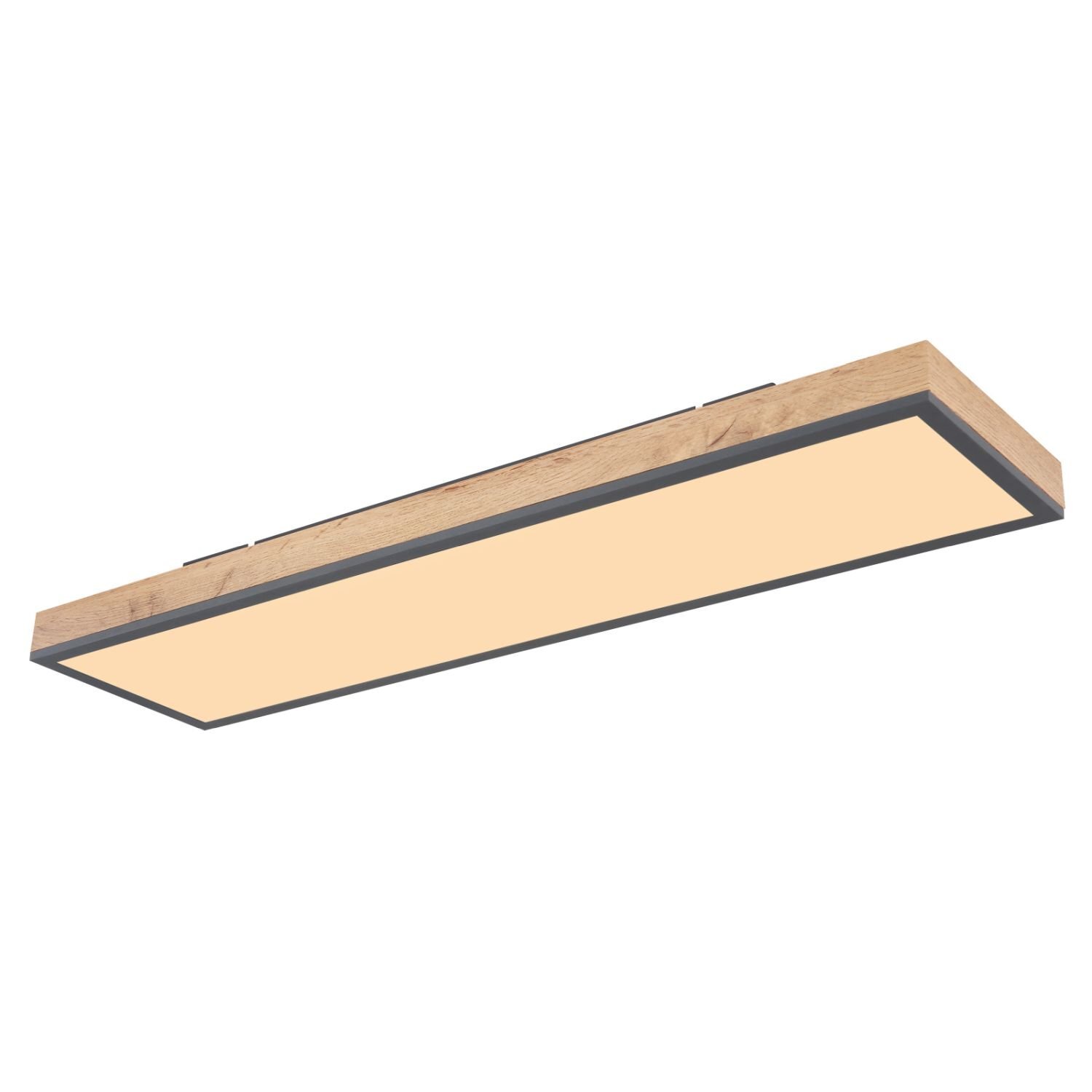 Prostokątna lampa sufitowa LED z drewnianą ramą i jasnym panelem świetlnym. Lampa ma nowoczesny design i jest regulowana.