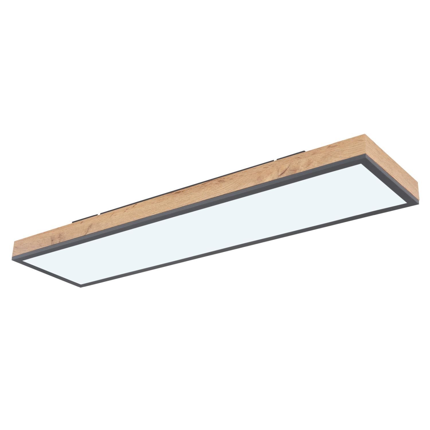 Prostokątna lampa sufitowa LED z drewnianą ramą i białym panelem świetlnym. Lampa ma nowoczesny design i jest regulowana.