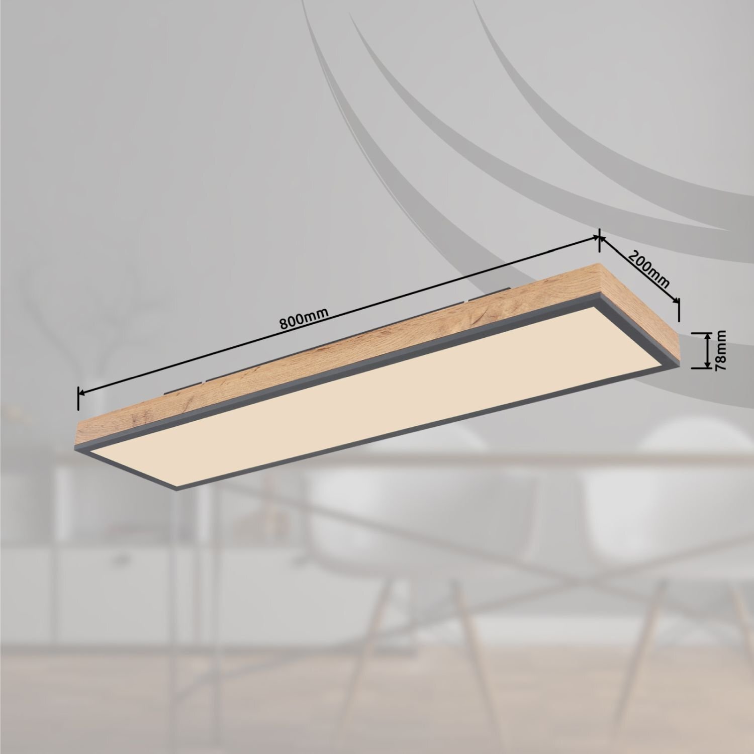 Prostokątna lampa sufitowa LED z drewnianym wykończeniem, o wymiarach 800mm x 200mm x 78mm, zawieszona w nowoczesnym wnętrzu.