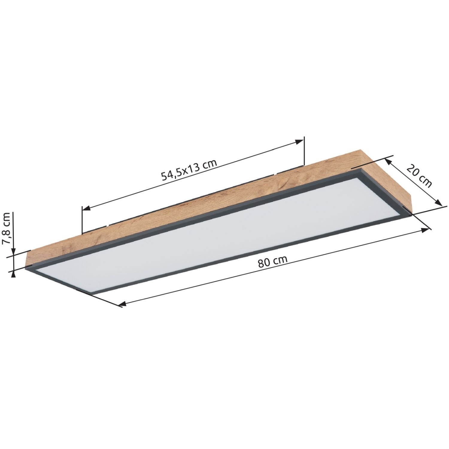 Prostokątna lampa sufitowa z drewnianym wykończeniem i białym panelem świetlnym. Wymiary lampy to 80 cm x 20 cm x 7,8 cm, z dodatkowym oznaczeniem 54,5x13 cm.
