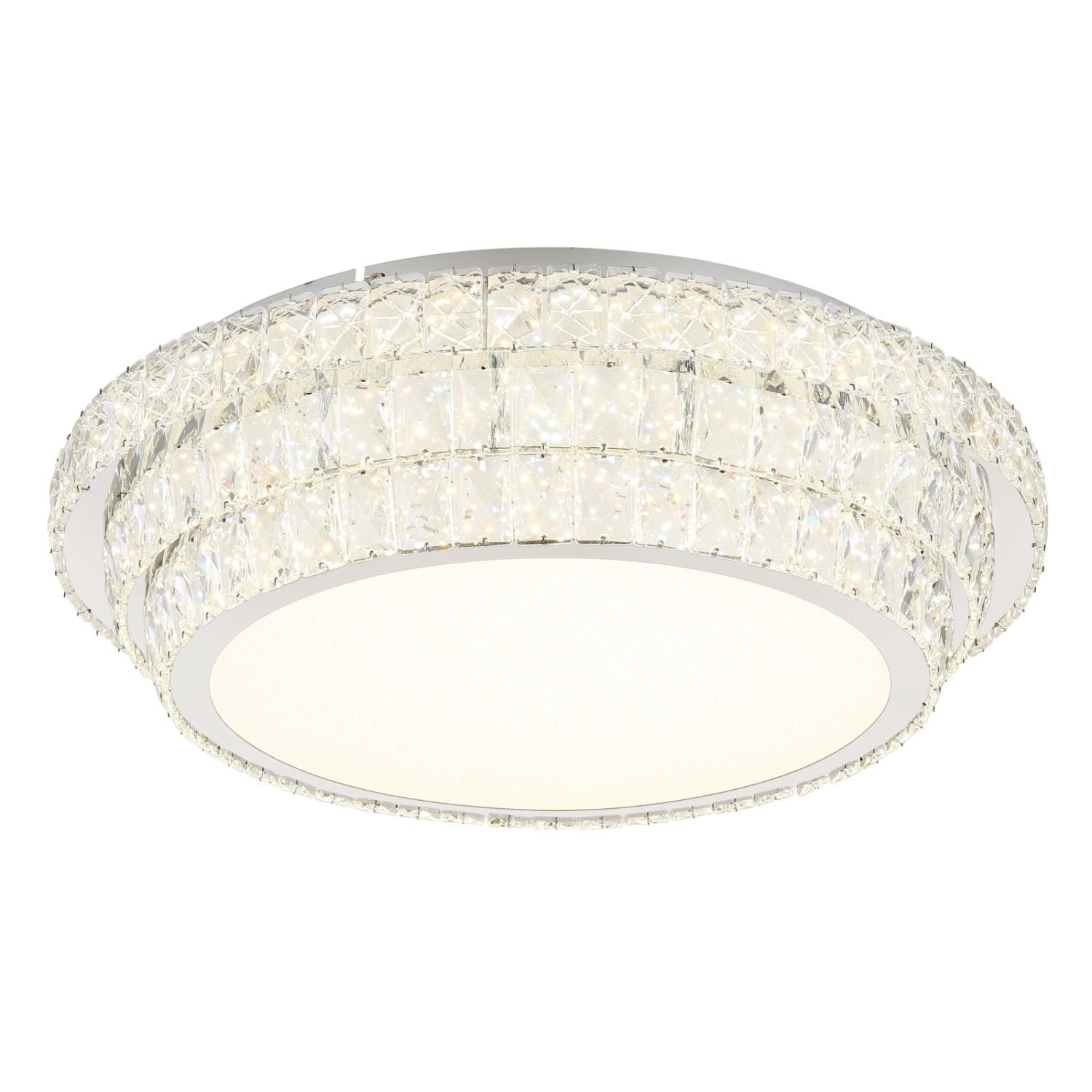Lampa sufitowa o okrągłym kształcie z kryształowymi elementami na obwodzie. Środek lampy jest jednolicie biały, co sugeruje źródło światła LED.