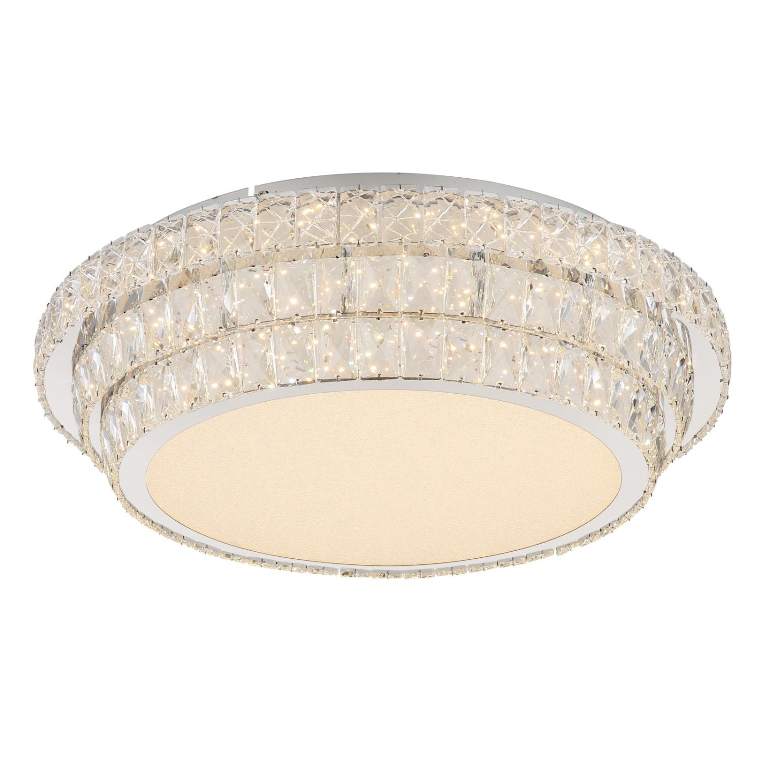 Lampa sufitowa o okrągłym kształcie z kryształowymi elementami i wbudowanym oświetleniem LED. Powierzchnia lampy jest gładka i błyszcząca, z widocznymi refleksami świetlnymi.