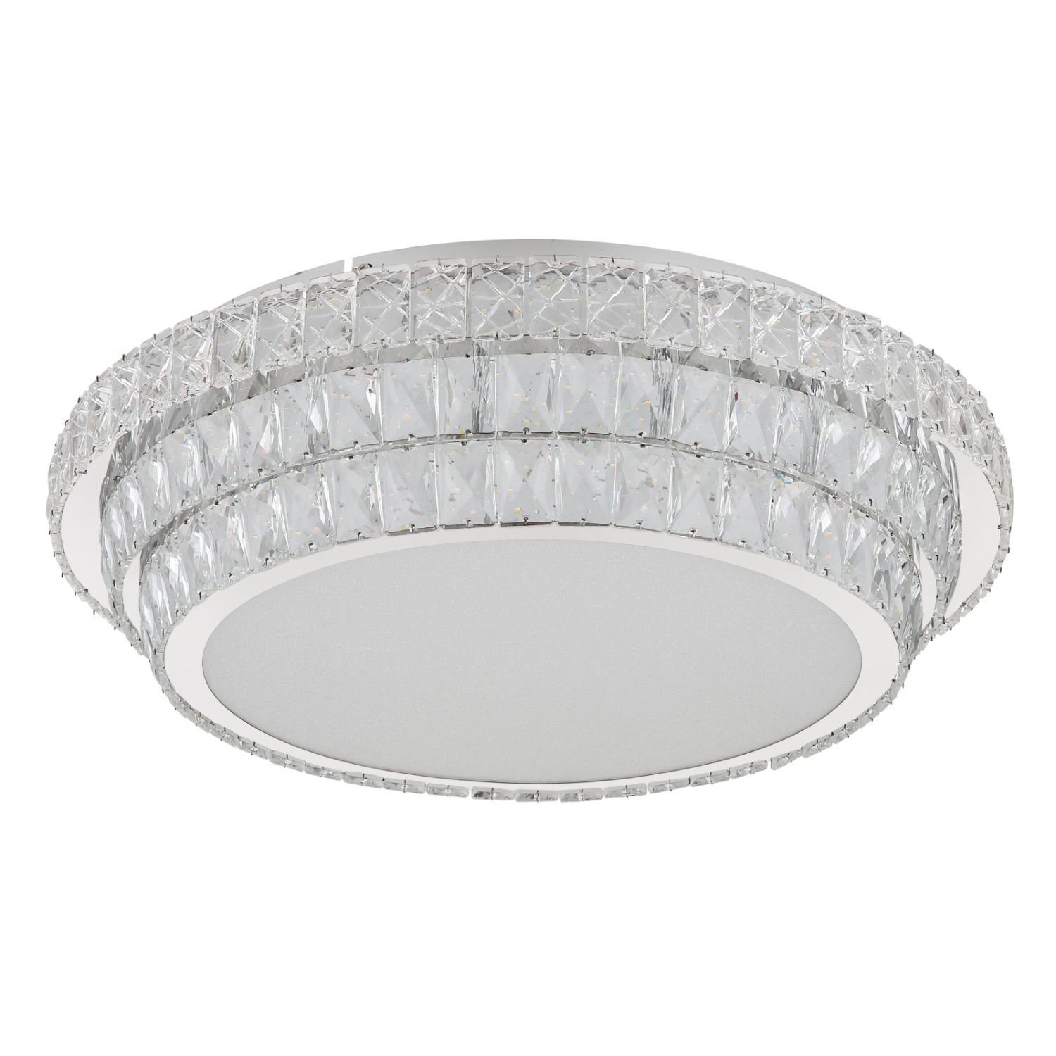 Lampa sufitowa z kryształowymi elementami, o okrągłym kształcie i białej powierzchni świetlnej. Posiada dekoracyjne, przezroczyste kryształy wokół obwodu.