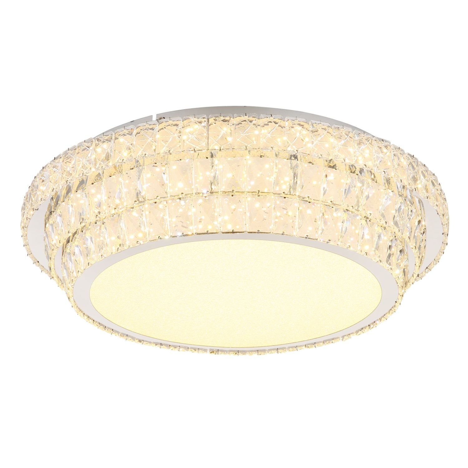Lampa sufitowa z kryształowymi elementami i okrągłym, jasnym panelem LED. Konstrukcja ma elegancki, nowoczesny wygląd z możliwością regulacji barwy światła.